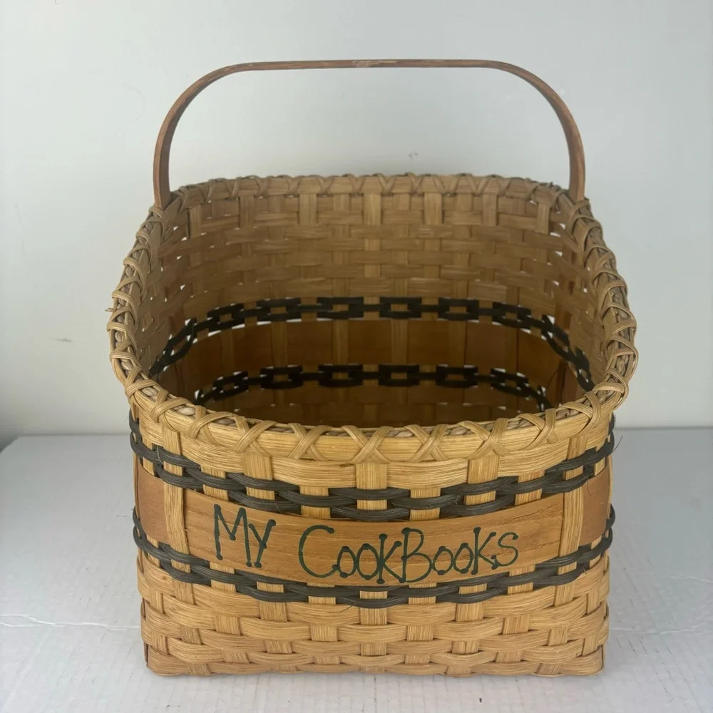 Handcrafted basket for cookbooks with handle-signed by maker